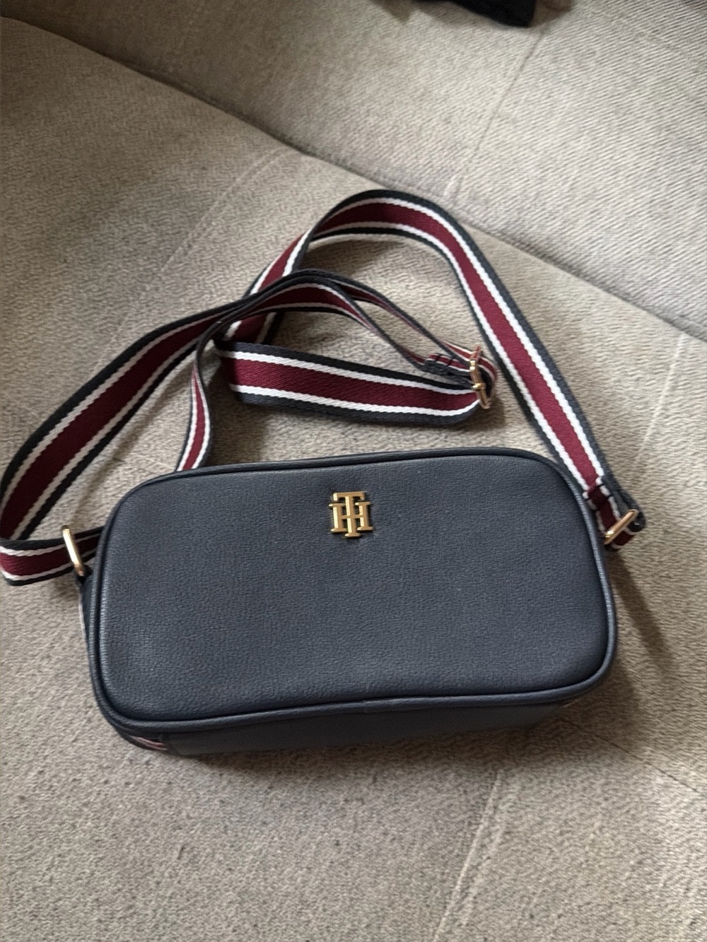 Tommy Hilfiger Navy Pebbled Leather Crossbody with Striped Strap